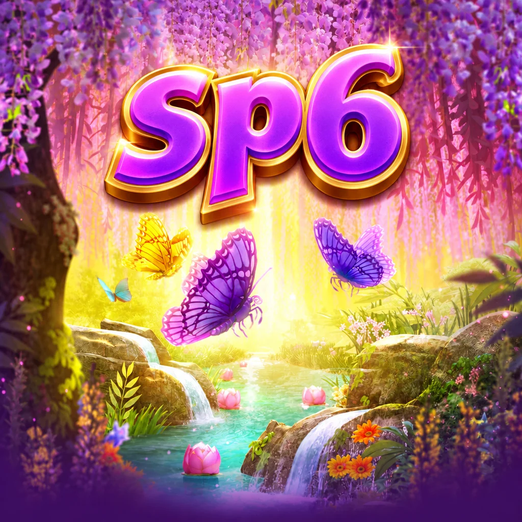 Grafis Butterfly Blossom berlatar kebun bunga dengan logo SP6