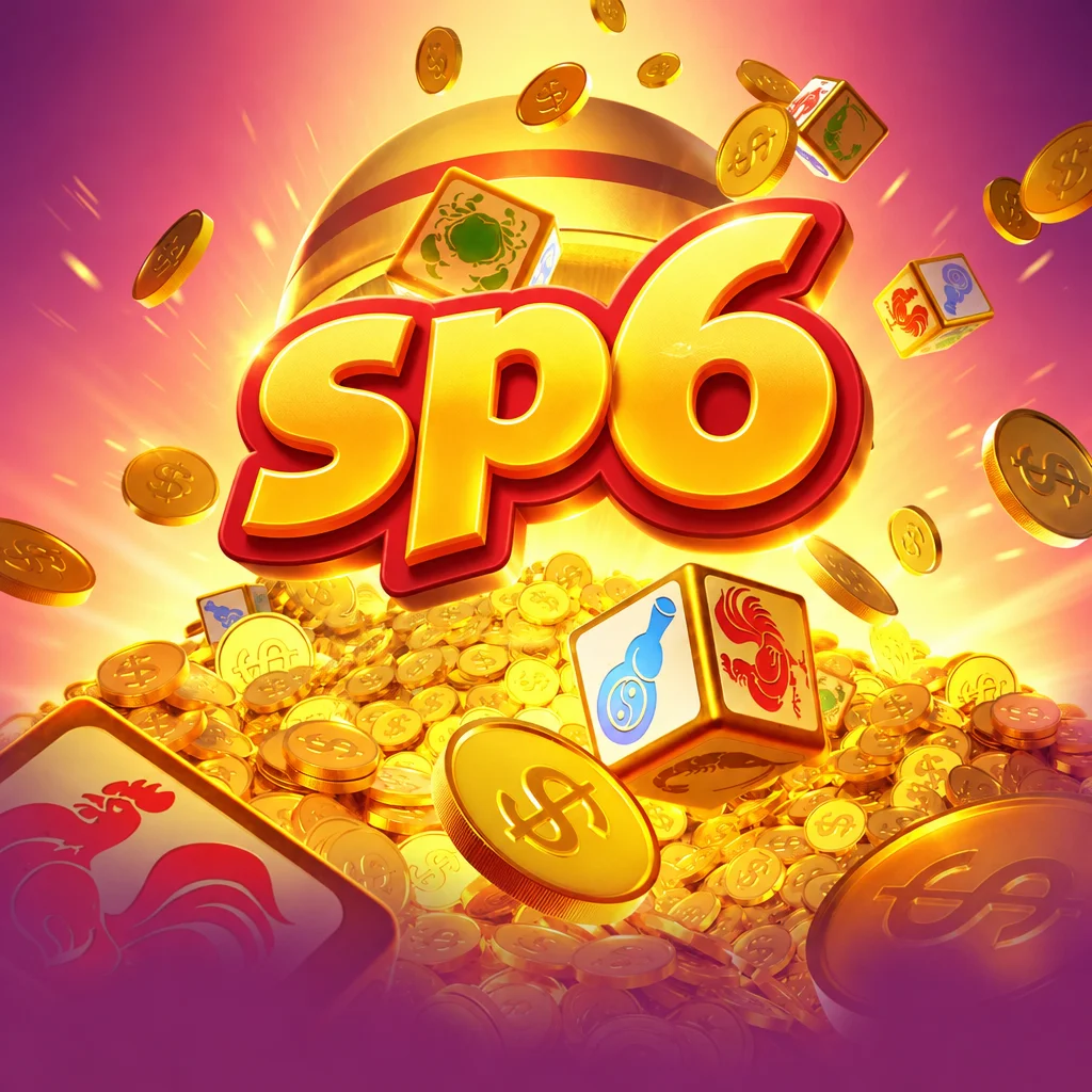 Logo SP6 berwarna emas di atas tumpukan koin emas dan dadu bergambar tradisi Win Win Fish Prawn Crab